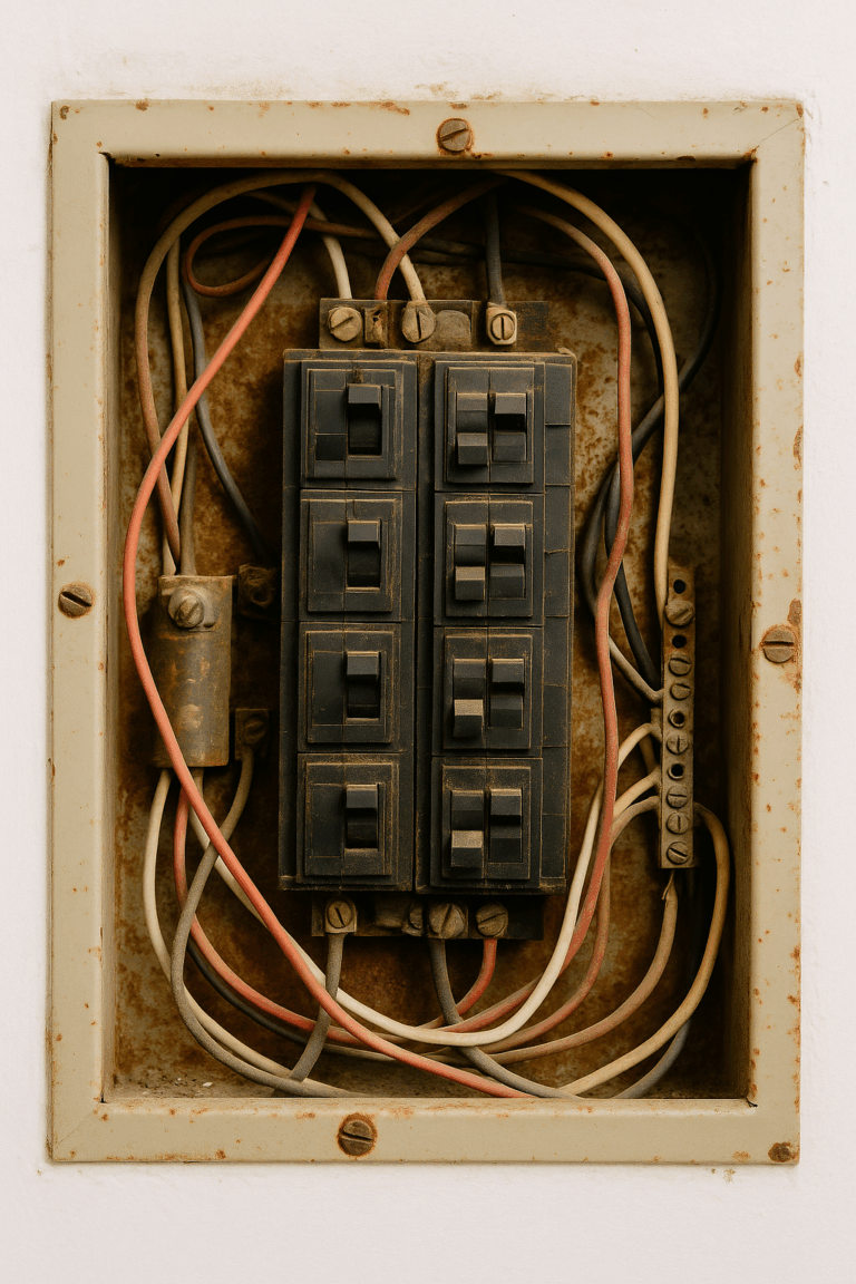 Close-up view of an outdated electrical panel needing inspection.