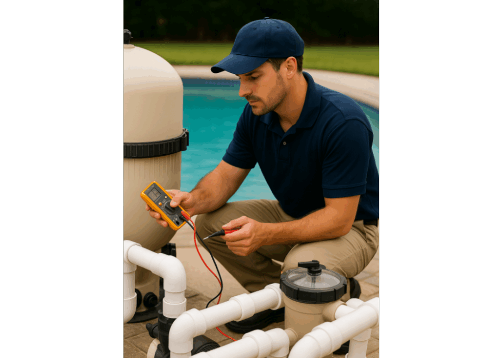 Technician testing pool equipment during a residential pool inspection.