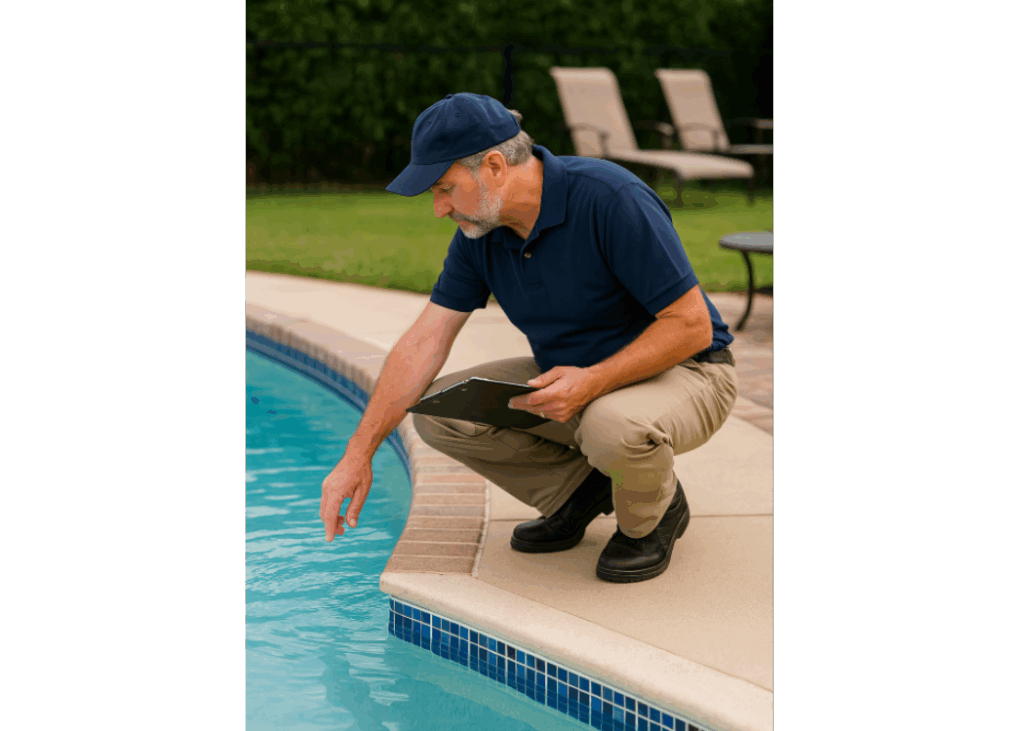 Pool inspector examining water clarity and tile condition during a residential pool inspection.
